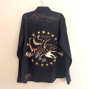 Ed Hardy Y2K Mens XL Black Long Sleeve Button‎ Down Shirt Eagle Graphic Western